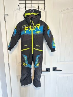 Boys FXR Neon Accent One-Piece Monosuit Snow Suit - Black, Blue & Neon Green